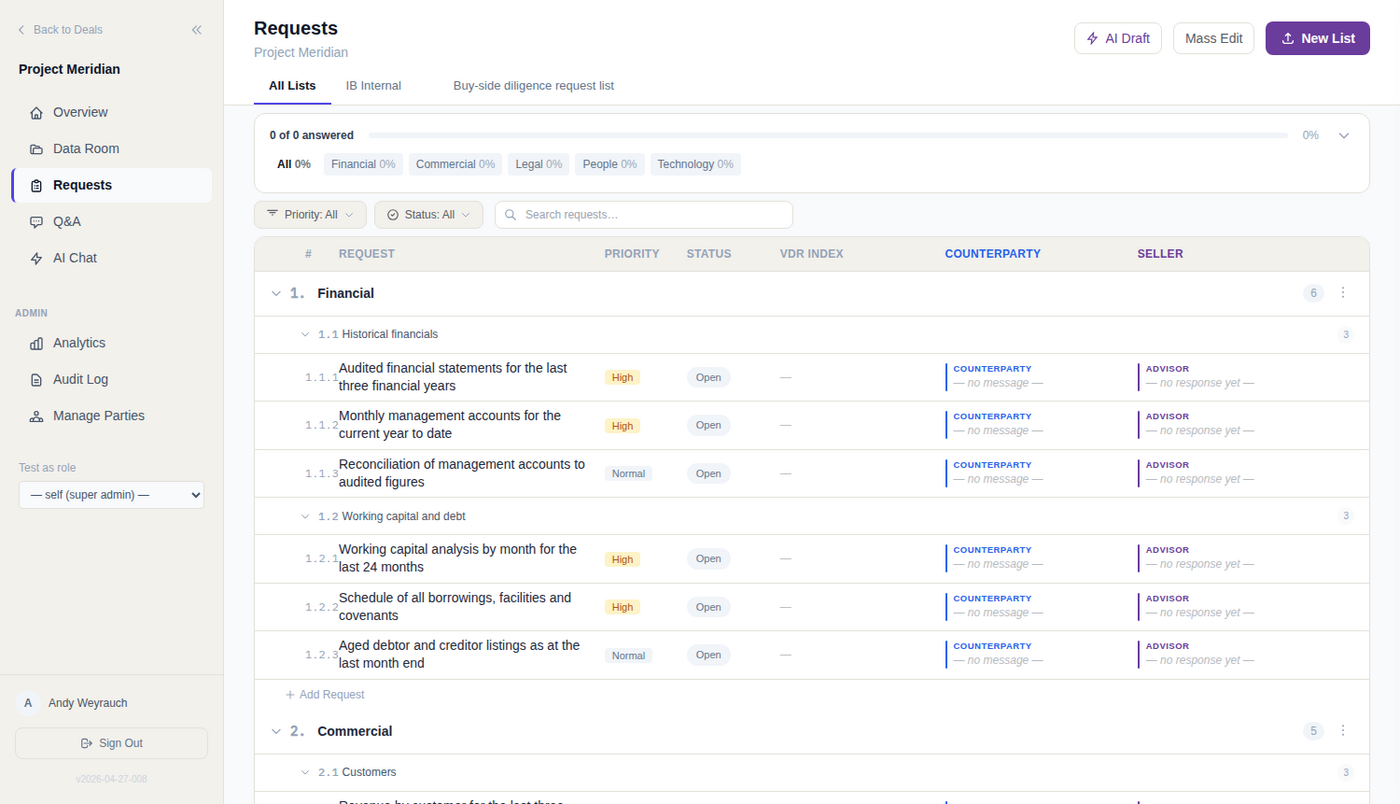 The request list, with separate advisor and counterparty response columns and per-category progress.